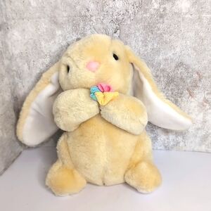Easter Pets Yellow Rabbit Bunny holding flowers Plush Sits 9" tall